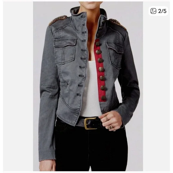 Free People Military Band Jacket Gray Cropped Blazer Epaulettes & Brass Buttons - Picture 7 of 12